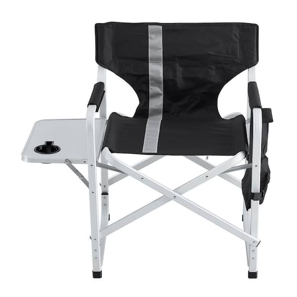 cenadinz 1-Piece Black Aluminum Folding Lawn Chair with Side Table and Storage Pockets