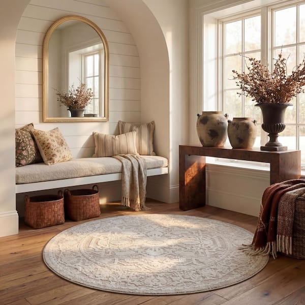 Reflection Beige/Cream 7 ft. x 7 ft. Round Floral Border Area Rug