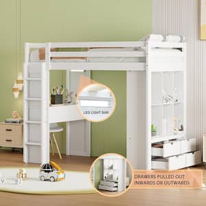White Wood Twin Size Loft Bed with Multiple Shelves, 6-Drawer, Built-In Desk, LED Light