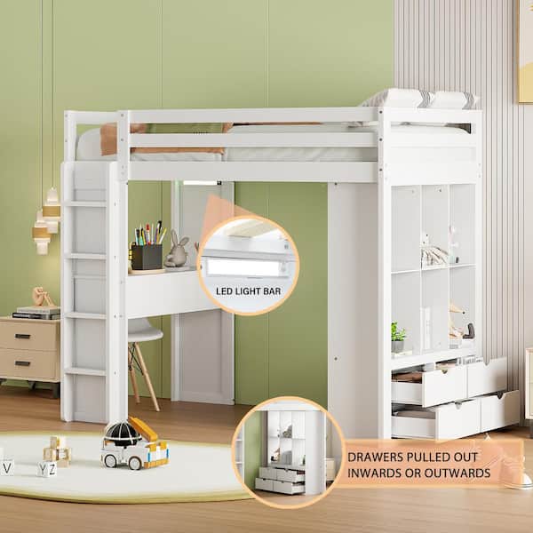 Harper & Bright Designs White Wood Twin Size Loft Bed with Multiple Shelves, 6-Drawer, Built-In Desk, LED Light