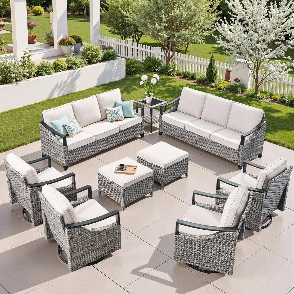 Hav Rattan 9p Gymojoy TiFuen Brown 9-Piece Wicker Patio Conversation Set with Swivel ...