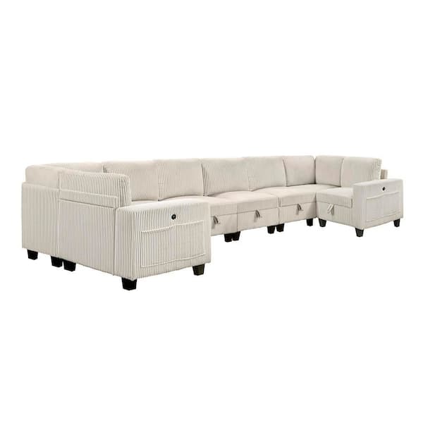Lazzara Kieran 163 in. Straight Arm 8-Piece Corduroy Fabric Sectional Sofa in Beige with Storage, Pouches and Charging Ports
