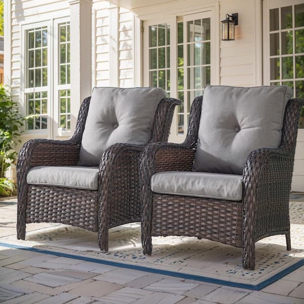 4-Piece Patio Brown Wicker Outdoor Chat Sets with Gray Olefin Cushions and Matching Ottomans