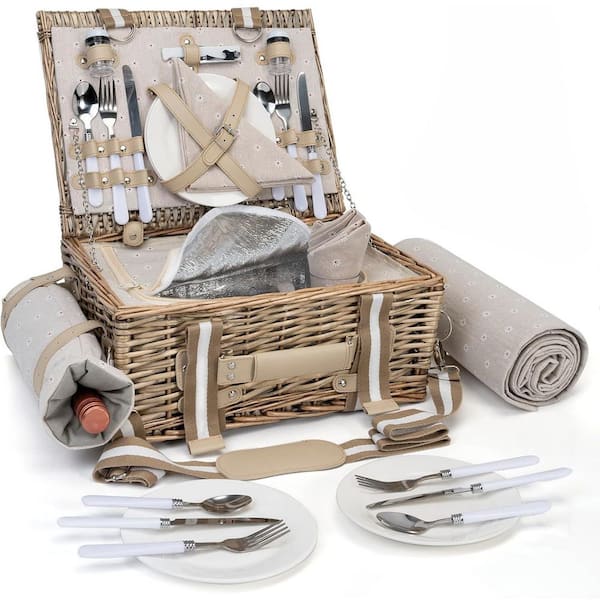 31-Piece Picnic Basket Set for 4 with Insulated Liner and Waterproof Blanket Wine Pouch, Large Wicker Picnic Hamper