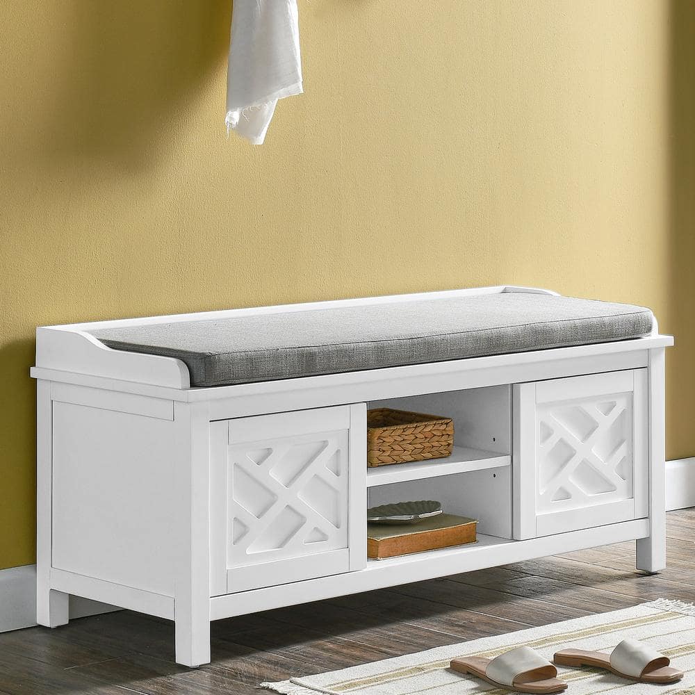 Coventry Traditional White Pine Storage Bench with Gray Cushion
