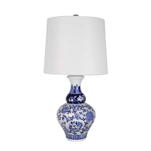 27.6 in. Blue/White Table Lamp with White Linen Shade