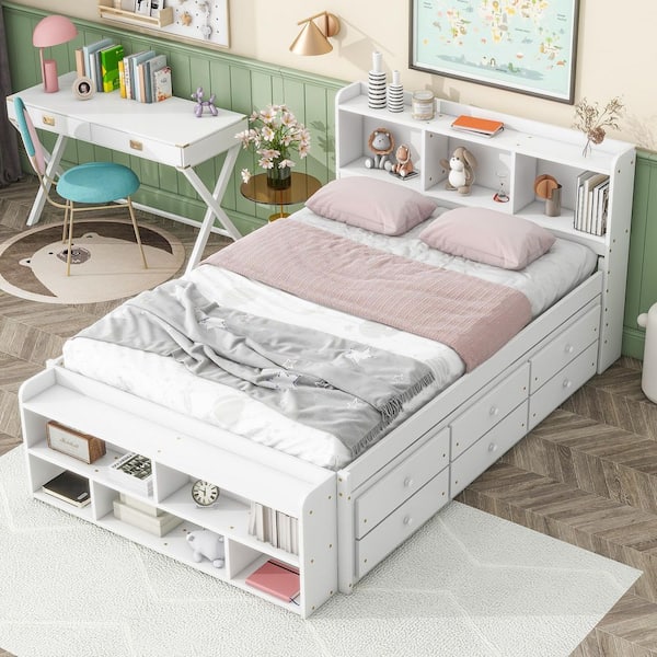White Wood Frame Full Size Platform Bed with Bookcase Headboard and Storage Drawers