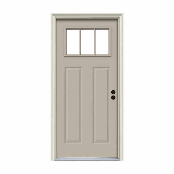 JELD-WEN 34 in. x 80 in. 3 Lite Craftsman Desert Sand Painted Steel Prehung Left-Hand Inswing Front Door w/Brickmould