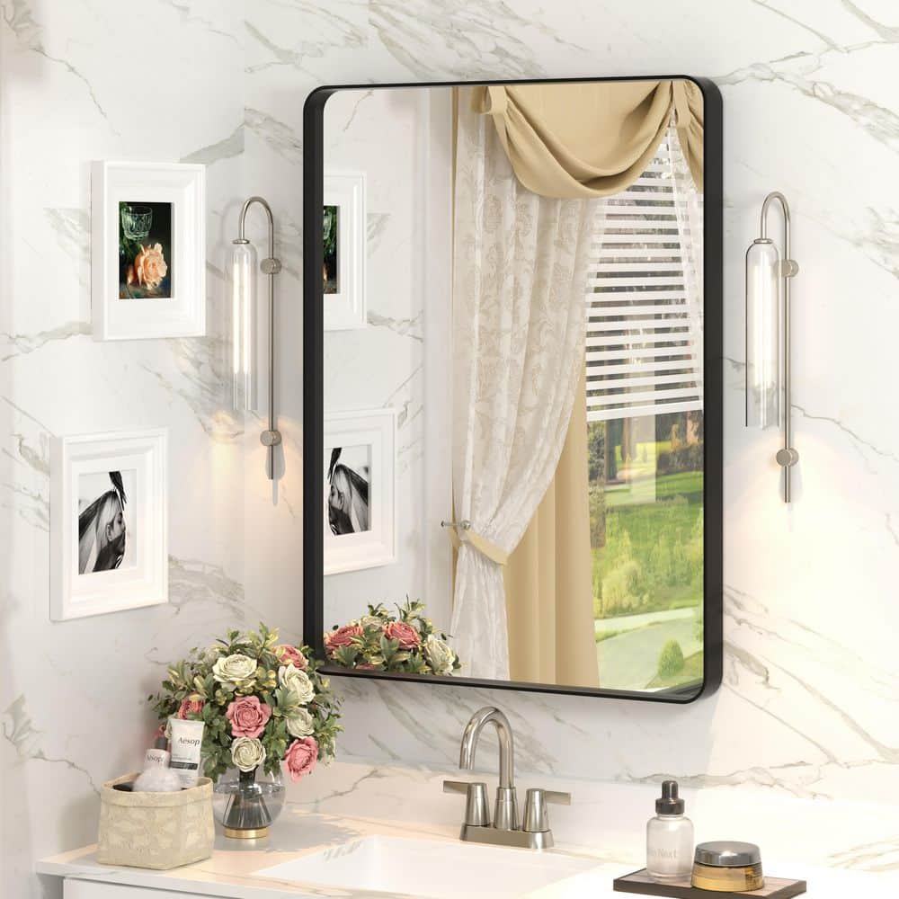 24 in. W x 32 in. H Rectangular Aluminum Alloy Framed and Tempered Glass Wall Bathroom Vanity Mirror in Matte Black price history on PriceWatchPro
