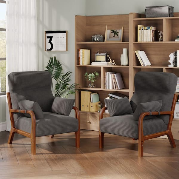 34.7 in. H Grey Modern Armchair Upholstered Accent Chair with High Back and 2 Armrest Pillows (Set of 2)