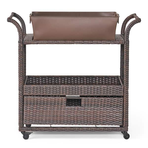 Noble House Ravenna Faux Rattan Outdoor Patio Serving Bar with Ice Bucket and Drawer