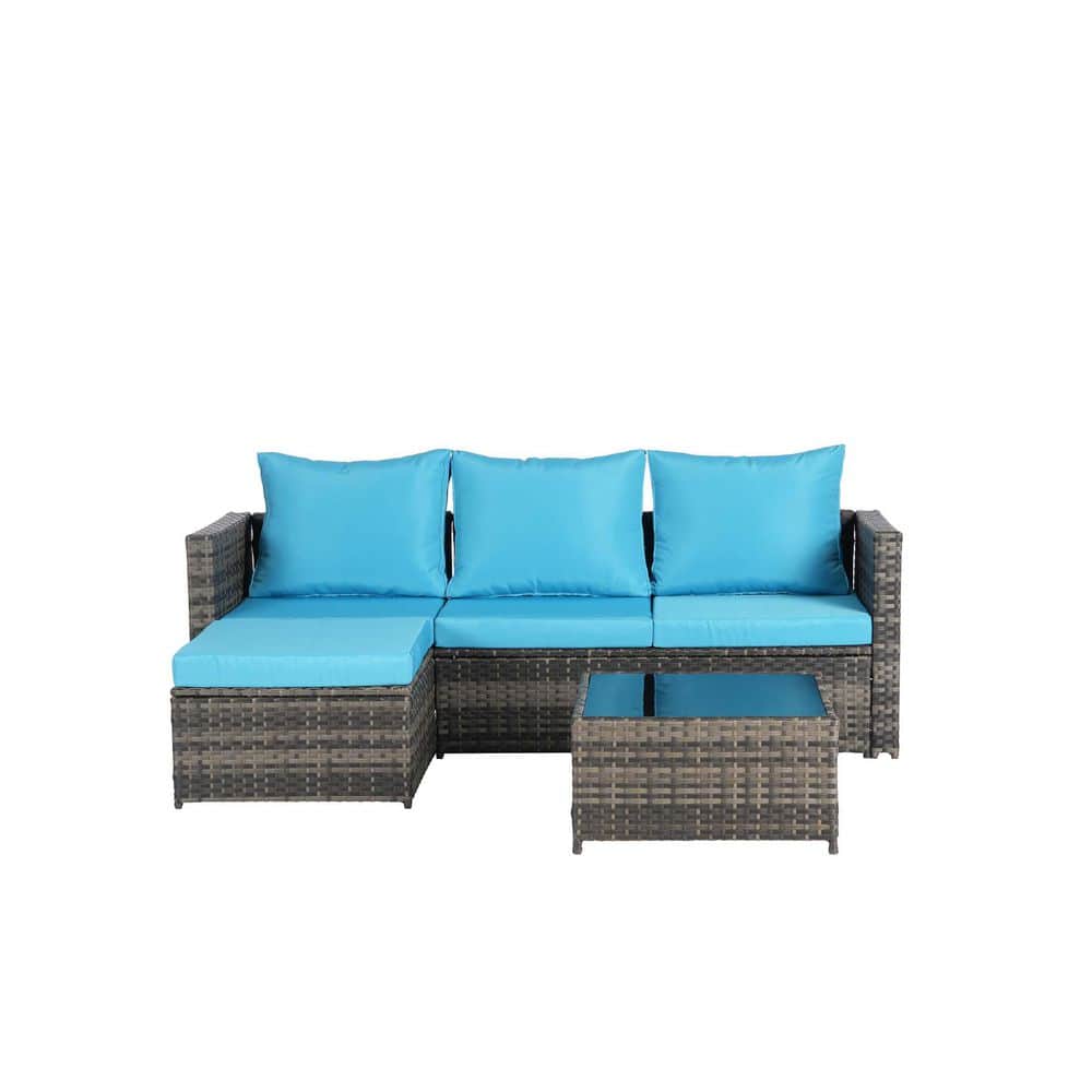 3-Pieces Wicker Patio Conversation Set, L-Shaped Furniture Set with Light B