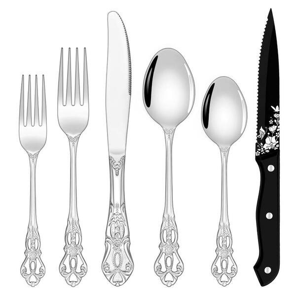 48-Piece Retro Stainless Steel Flatware Set with Black Steak Knives, Service for 8