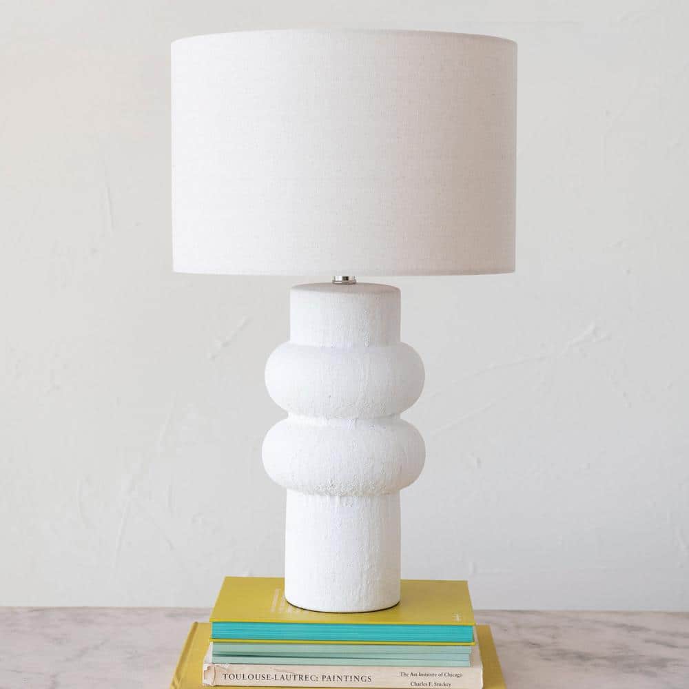 White Volcano Finish Stoneware Table Lamp with Linen Shade