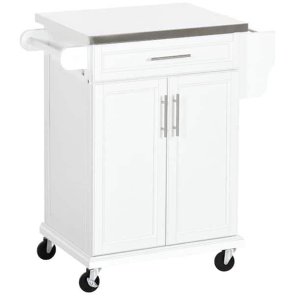 White Stainless Steel Top 33 in. Kitchen Island Cart with Utility Storage, Drawers, Spice Rack, Towel Rack, and 4 Wheels