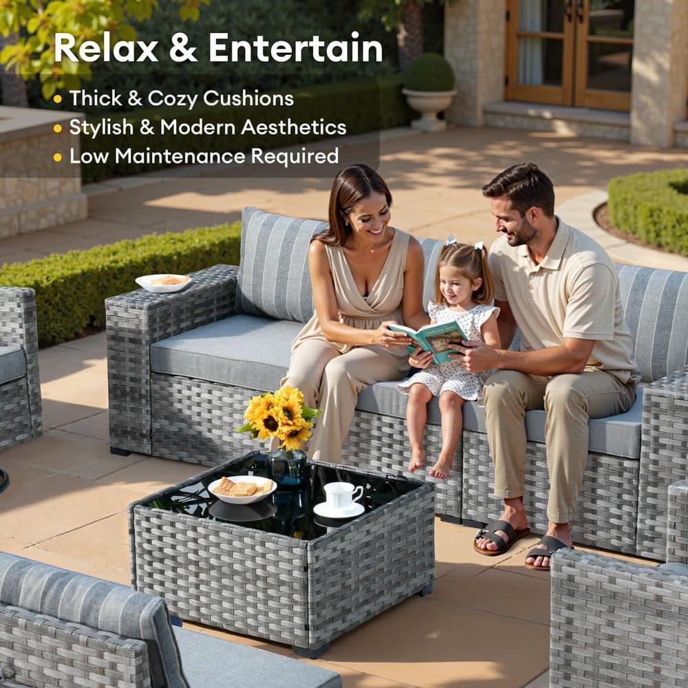 Marlton 13-Piece Gray Wicker Outdoor Sofa Set with Fire Pit