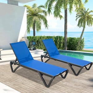 2-Piece Blue Outdoor Aluminum Polypropylene Chair Poolside Sunbathing Chaise Lounge Chair with Adjustable Backrest