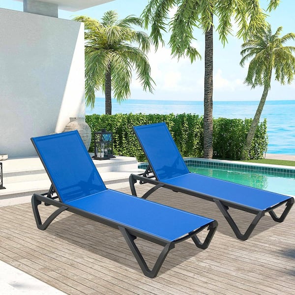 Unbranded 2-Piece Blue Outdoor Aluminum Polypropylene Chair Poolside Sunbathing Chaise Lounge Chair with Adjustable Backrest