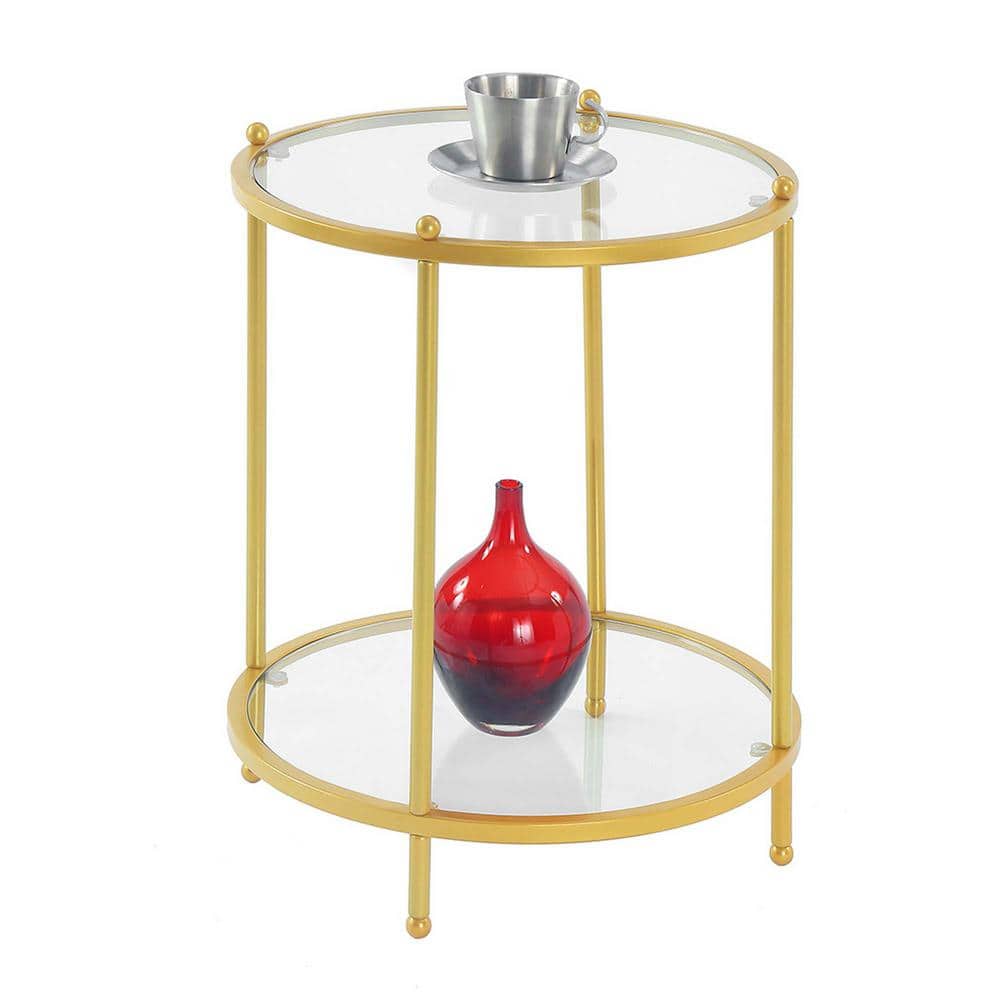 Gold and Clear Glass Round End Table with Shelf