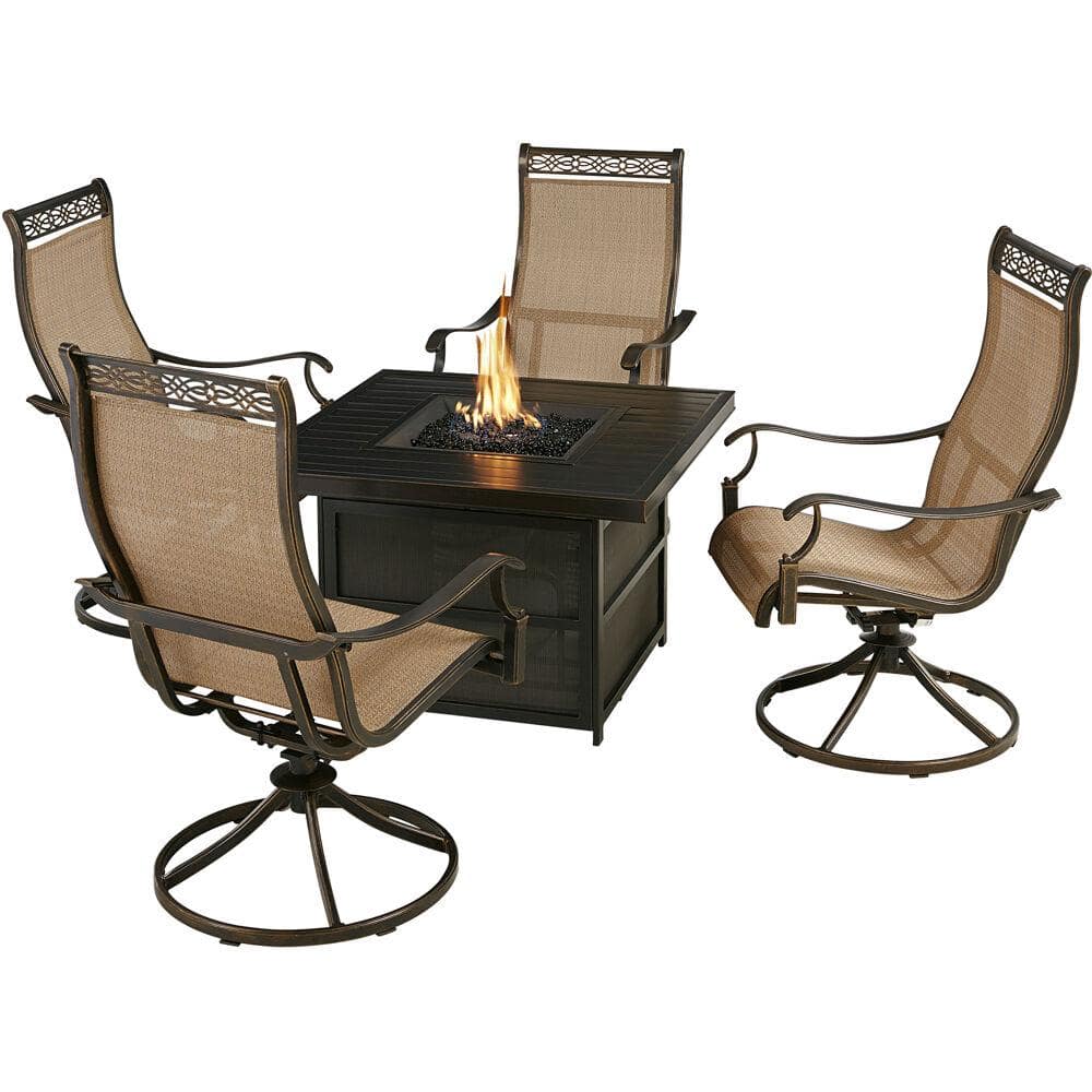 Hanover Monaco Brushed Bronze 5-Piece Aluminum Patio Fire Pit Set, 4 ...