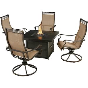 Monaco Brushed Bronze 5-Piece Aluminum Patio Fire Pit Set, 4 Sling Swivel Rockers, 38 in. Gas Fire Pit Table with Lid