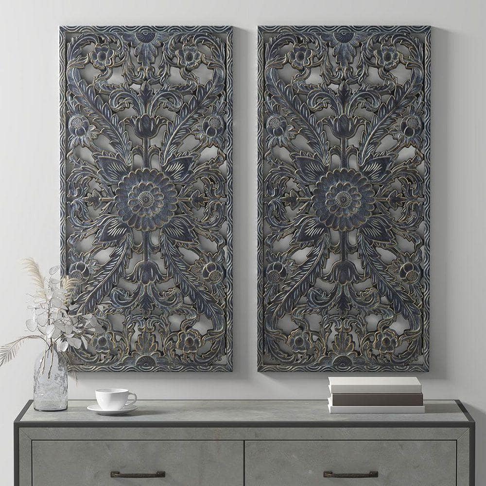 Bulda 31.5 in. x 15.75 in. Antique Blue Distressed Carved Art Wall Decor Wall Sculptur Wooden Wall Art (Set of 2)
