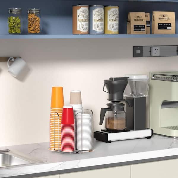 4-Compartment Rotatable Acrylic Coffee Cup Holder, Coffee Station Cup and Lid Carousel Countertop Plastic Cup Dispenser