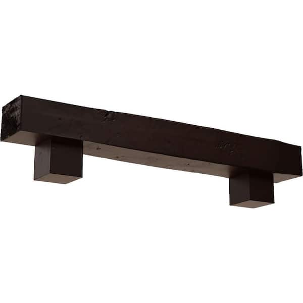 Ekena Millwork 8 in. x 12 in. x 4 ft. Knotty Pine Faux Wood Fireplace Mantel Kit, Alamo Corbels, Premium Mahogany