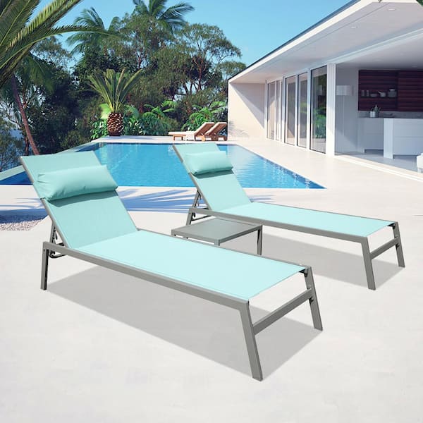 Sudzendf Lake Blue Aluminum Outdoor 2 Patio Chaise Lounge Chairs with Side Table, Outdoor Adjustable Recliner