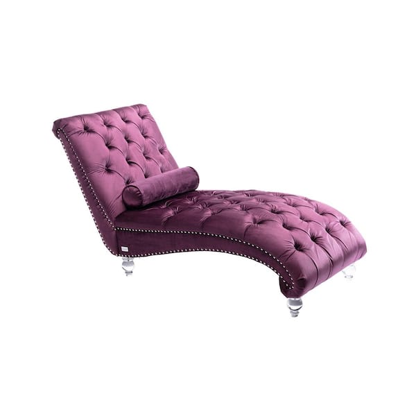 Unbranded Purple Velvet Upholstered Leisure Armless Button Tufted Concubine Chaise Lounge with 1 Bolster Throw Pillow Acrylic Foot