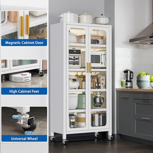 White 65 in. Metal Storage Cabinet, Kitchen Pantry Storage Cabinet with Adjustable Shelves, Door and Wheels