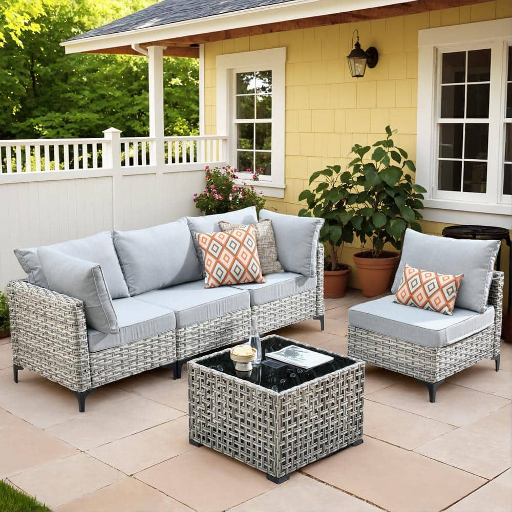 Holston 5-Piece Wicker Modern Outdoor Patio Conversation Sofa Sectional Set with Light Grey Cushions price history on PriceWatchPro