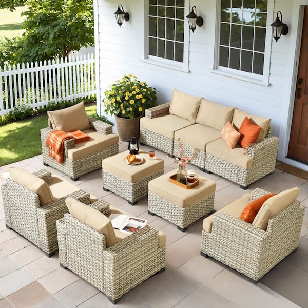 Tiberte Gray 9-Piece Wicker Patio Conversation Seating Set with Beige Cushions