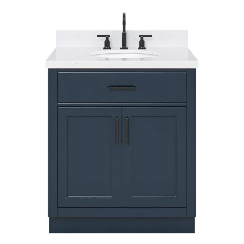 Midnight Blue Hardwood Freestanding Single Basin Vanity with Quartz Top