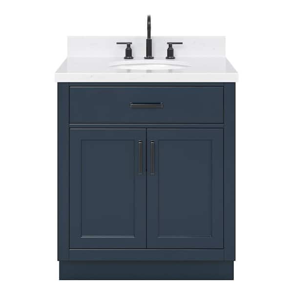 Hepburn 30 in. W x 22 in. D x 36 in. H Single Sink Freestanding Bath Vanity in Midnight Blue with Carrara Qt. Top