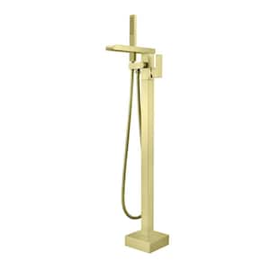 Single-Handle Waterfall Freestanding Tub Faucet with Hand Shower Floor Mount Tub Filler in Brushed Gold