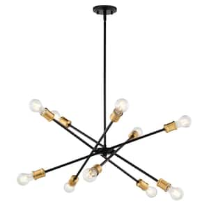 Gresham 10 Light Gold Brass and Black Mid-Century Modern Chandelier Adjustable Arms