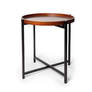 20 in. Walnut and Black Round Wood End Table with Removable Tray