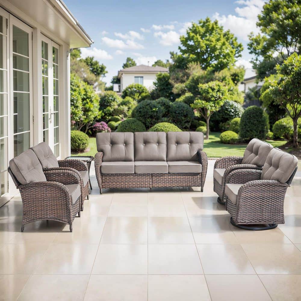 TWrap Brown 6-Piece Wicker Patio Conversation Set with Gray Cushions and Swivel Rockers, Armchairs price history on PriceWatchPro