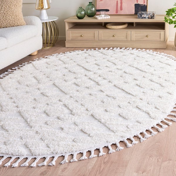 Moroccan Tassel Shag 6 x 8 Ivory Tribal Oval Rug