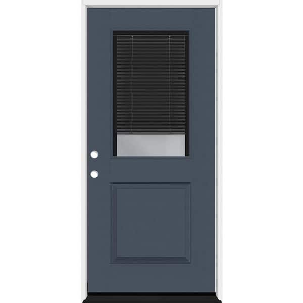 Steves & Sons Legacy 30 in. x 80 in. 1/2 Lite Clear Glass Noir Miniblind RHIS Dark Denim Fiberglass Prehung Door w/4-9/16 in. Jamb
