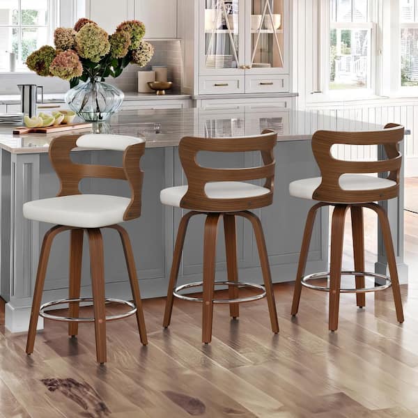 26 in. White Faux Leather and Walnut Wood Mid-Century Modern Swivel Counter Height Bar Stool (Set of 3)