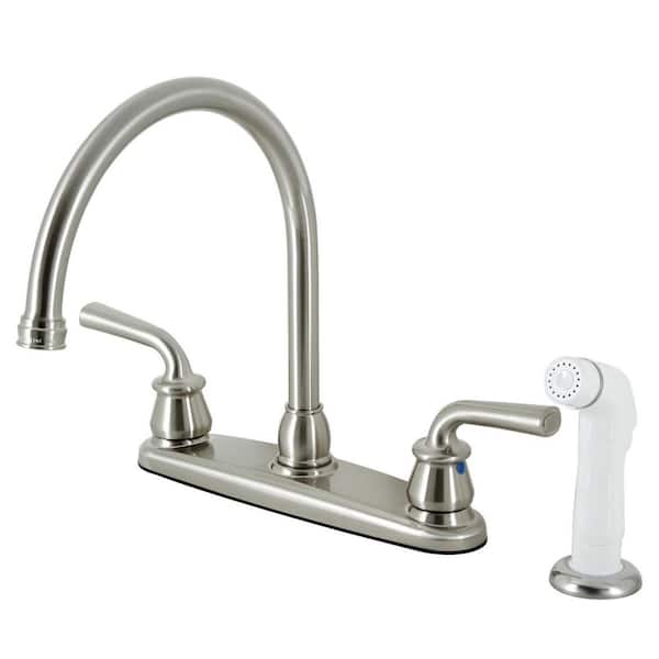 Restoration 2-Handle Deck Mount Centerset Kitchen Faucets with White Sprayer in Brushed Nickel