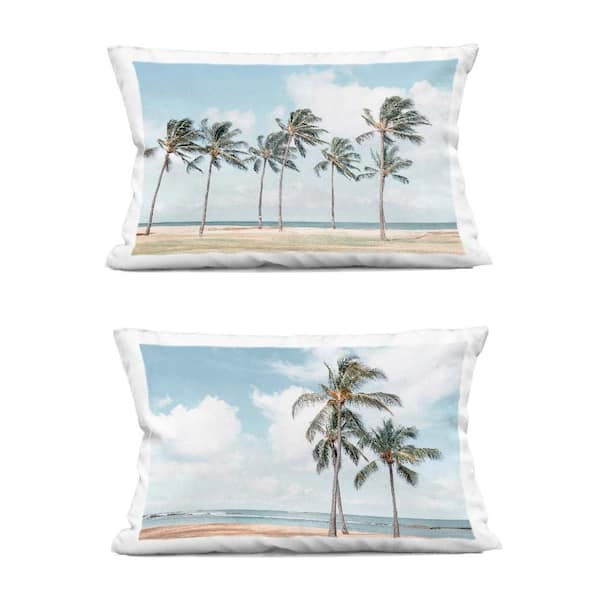 Stupell Industries Sunny Windblown Palms Blue Print Polyester 14 in. X 20in. Throw Pillow, Set of 2
