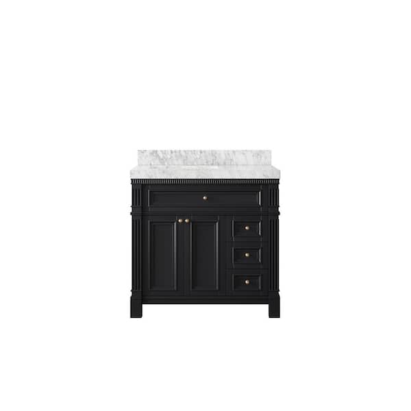 Willow Collections Paris 36 in. W x 22 in. D x 36 in. H Left Offset Sink Bath Vanity in Black with 2 in. Carrara Marble Top