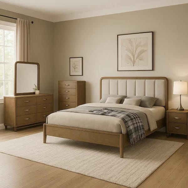 Benjara Deon 5-Piece Nutmeg Brown, Nickel and Beige Wood Queen Bedroom ...