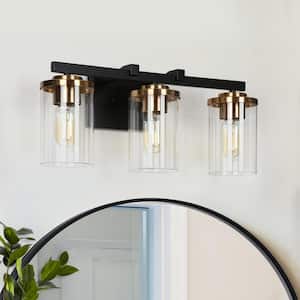 20 in. Modern 3-Light Black Vanity Light, Transitional Wall Light Straight Bar with Cylinder Clear Glass Shade