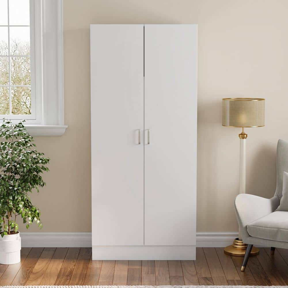 1-Piece White Wood Armoires, Hanging Rod, Storage Shelves (70.9 in. H x 31.5 in. W x 15.7 in. D) Bedroom Set with 2-Door