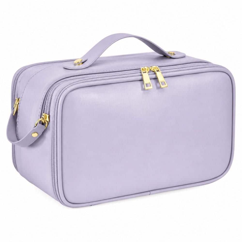 Large Capacity Travel Garment Bag in Purple, PU Leather, 3 Compartments, Waterproof Makeup Organizer with Brush Holder