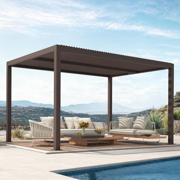 PURPLE LEAF 10 ft. x 16 ft. Bronze Aluminum Frame Patio Hardtop Louvered Pergola with Adjustable Rainproof Roof and In-Built Gutter